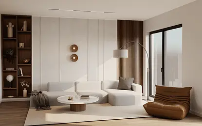 Wnętrze salonu w stylu minimalistycznym z jasnymi meblami i drewnianymi detalami