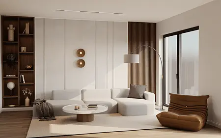 Wnętrze salonu w stylu minimalistycznym z jasnymi meblami i drewnianymi detalami