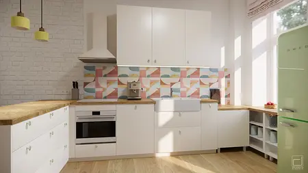 Kuchnia w stylu dopamine decor, eklektyczna, skandynawska z białymi meblami i pastelowym backsplash.