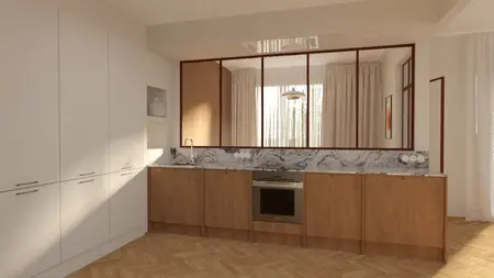 Kuchnia w stylu minimalistycznym z drewnianymi meblami i marmurowym blatem, soft minimalizm, vintage.