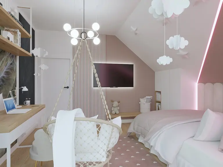 Pokój dziecięcy w stylu boho z minimalistycznym biurkiem, huśtawką i jasnymi ścianami.