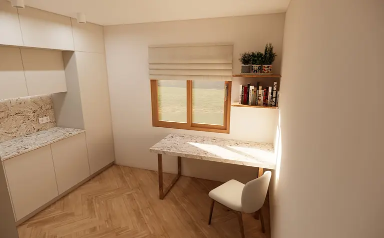 Wnętrze gabinetu z minimalistycznym biurkiem i regałem, nowoczesne oświetlenie.