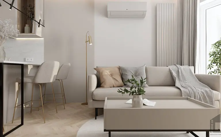 Wnętrze salonu z meblami w stylu glamour, industrialnym oraz nowoczesnym.