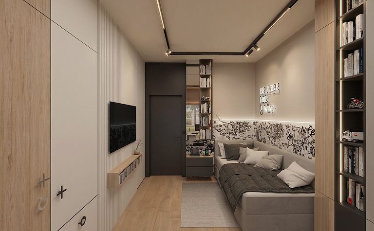 Minimalistyczne wnętrze pokoju z szaro-beżową sofą i drewnianymi elementami.