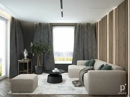Wnętrze salonu z minimalistycznym designem, szarymi zasłonami i jasną sofą.