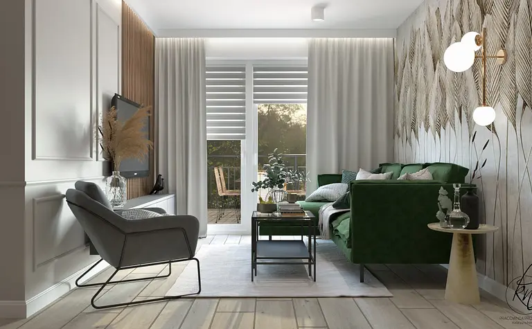 Wnętrze nowoczesnego salonu z zieloną sofą, drewnianymi detalami i dużymi oknami.
