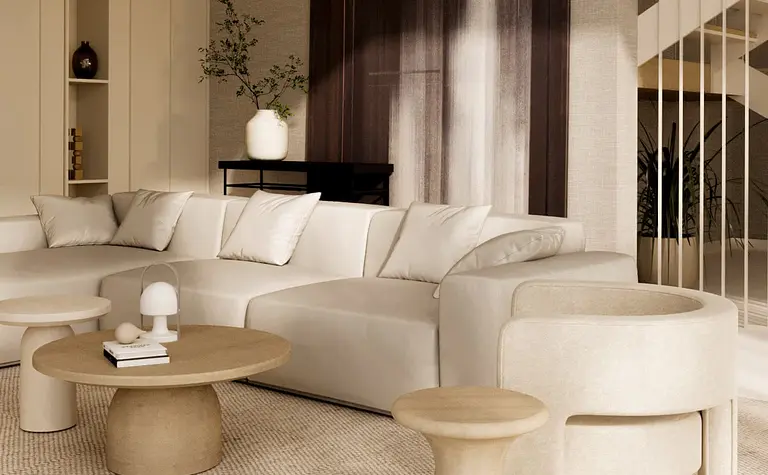 Wnętrze salonu w stylu minimalistycznym, soft minimalizm, z jasnymi meblami.