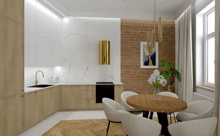 Kuchnia w stylu quiet luxury z drewnianymi meblami i białymi detalami.