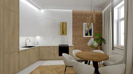 Kuchnia w stylu quiet luxury z drewnianymi meblami i białymi detalami.
