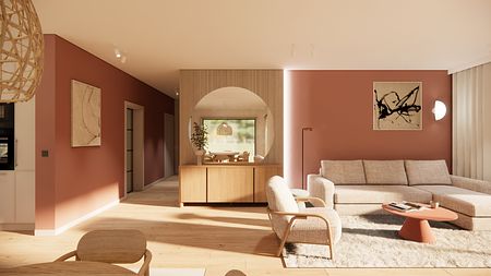 Salon w stylu boho i skandynawskim z beżową sofą i drewnianymi meblami.