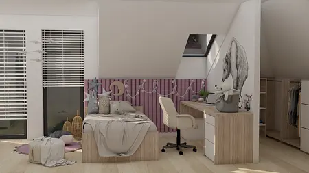 Pokój dziecięcy z różowymi elementami, biurkiem i dekoracyjnymi poduszkami.
