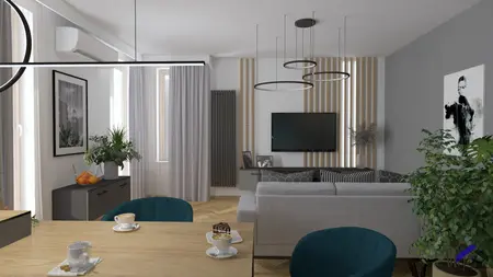 Wnętrze salonu z roślinami, telewizorem i nowoczesnymi elementami decoru.