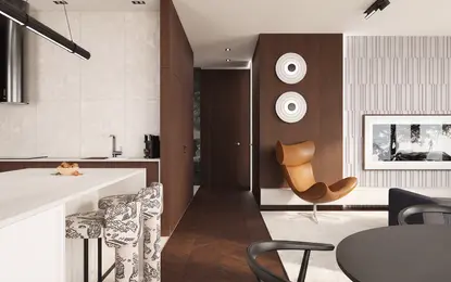 Wnętrze kuchni w stylu eklektycznym z drewnianymi meblami i nowoczesnymi detalami.