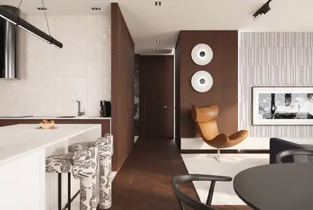 Wnętrze kuchni w stylu eklektycznym z drewnianymi meblami i nowoczesnymi detalami.