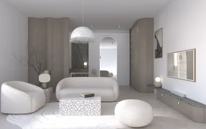 Wnętrze salonu w stylu japandi z białymi meblami i drewnianymi detalami.