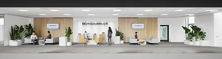 Wnętrze recepcji z białymi meblami, drewnianymi detalami i roślinami w stylu industrialnym i nowoczesnym.