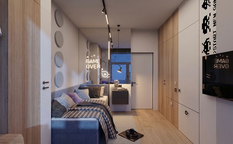 Wnętrze pokoju z niebieską sofą, drewnianymi meblami i minimalistycznymi akcentami.