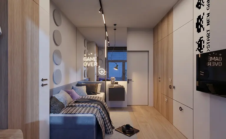 Wnętrze pokoju z niebieską sofą, drewnianymi meblami i minimalistycznymi akcentami.