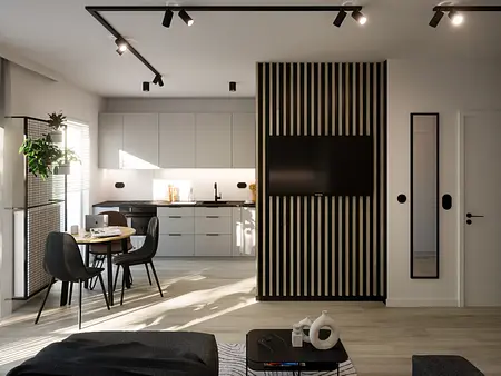 Wnętrze kuchni w stylu industrialnym i nowoczesnym z szarymi meblami.