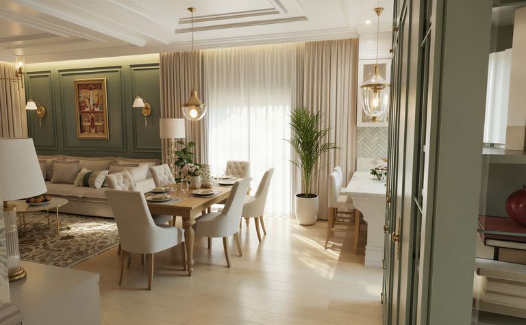 Wnętrze jadalni w stylu quiet luxury i tradycyjnym z drewnianym stołem i jasnymi meblami.