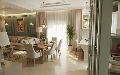 Wnętrze jadalni w stylu quiet luxury i tradycyjnym z drewnianym stołem i jasnymi meblami.