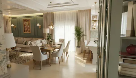 Wnętrze jadalni w stylu quiet luxury i tradycyjnym z drewnianym stołem i jasnymi meblami.