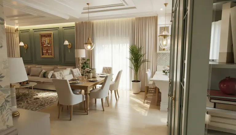 Wnętrze jadalni w stylu quiet luxury i tradycyjnym z drewnianym stołem i jasnymi meblami.