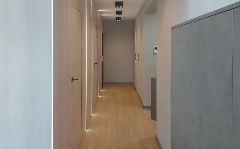 Przedpokój z jasnymi ścianami, drewnianą podłogą i oświetleniem w stylu industrialnym.