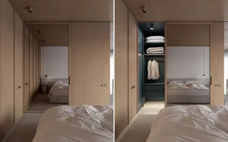Wnętrze garderoby w stylu boho, eklektycznym i japandi z drewnianymi detalami.