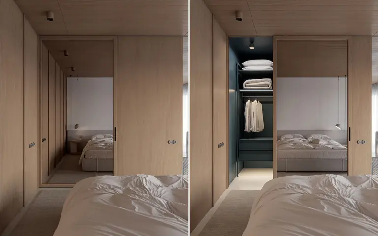 Wnętrze garderoby w stylu boho, eklektycznym i japandi z drewnianymi detalami.