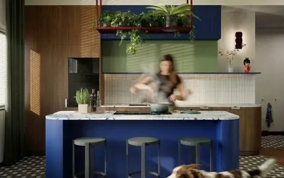 Kuchnia w stylu dopamine decor z niebieską wyspą i roślinami.