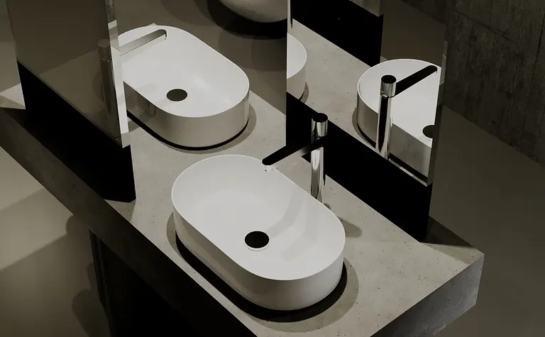 Nowoczesna łazienka z minimalistyczną umywalką i lustrem, styl industrialny i współczesny