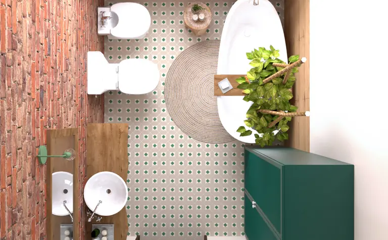 Nowoczesna łazienka z elementami boho, rustykalnymi i vintage, z zielonymi akcentami.