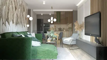 Nowoczesny salon z zieloną sofą, drewnianym stołem i dekoracyjną ścianą.