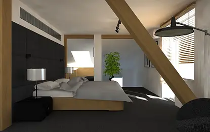 Sypialnia z nowoczesnym designem, ciemnym zagłówkiem i drewnianymi akcentami.