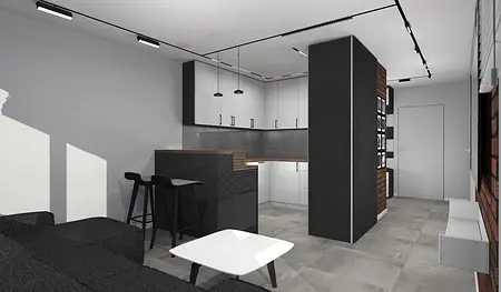 Wnętrze kuchni z białymi meblami, drewnianym blatem i industrialnymi detalami. Styl minimalistyczny.