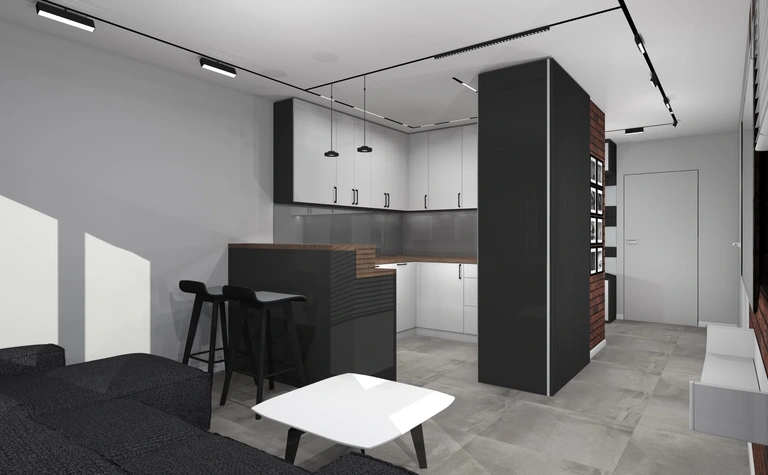 Wnętrze kuchni z białymi meblami, drewnianym blatem i industrialnymi detalami. Styl minimalistyczny.