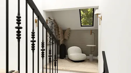 Nowoczesny przedpokój z białymi ścianami, czarnym balustradą i miękkim fotelem.