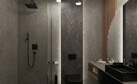 Przedpokój w stylu industrialnym, minimalistycznym i współczesnym z szafką i okrągłym stołem.