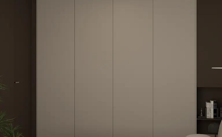 Sypialnia z minimalistycznym designem, brązowe ściany, nowoczesne meble.