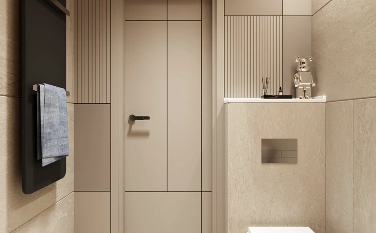 Nowoczesna łazienka w stylu glamour i soft minimalizm z beżowymi płytkami.