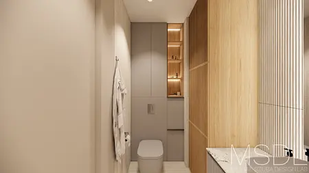 Nowoczesna łazienka w stylu boho i skandynawskim z drewnem i minimalistycznymi detalami.