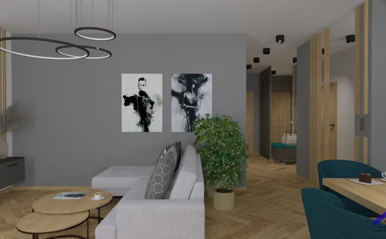 Wnętrze salonu z rośliną, obrazami i drewnianym wykończeniem. Styl: dopamine decor, japandi, nowoczesny, soft minimalizm, współczesny.