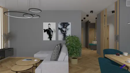 Wnętrze salonu z rośliną, obrazami i drewnianym wykończeniem. Styl: dopamine decor, japandi, nowoczesny, soft minimalizm, współczesny.