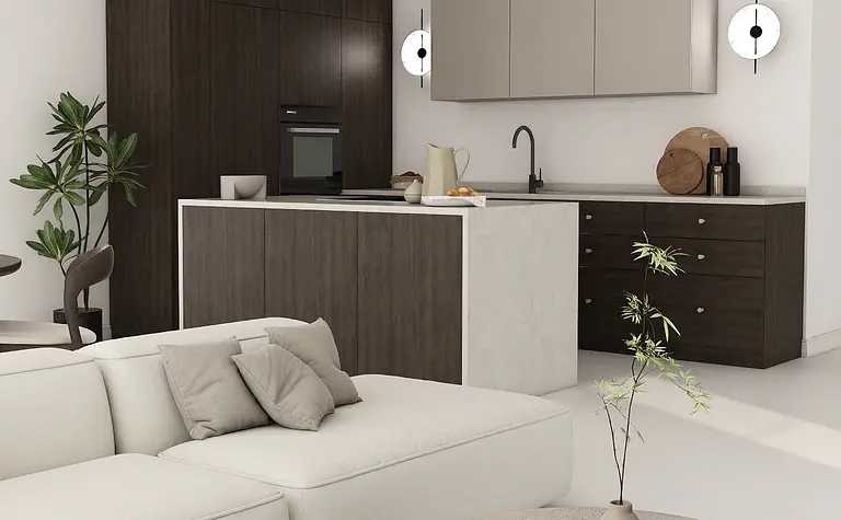 Minimalistyczna kuchnia w stylu japandi z drewnianymi meblami i jasnymi detalami.