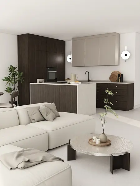 Minimalistyczna kuchnia w stylu japandi z drewnianymi meblami i jasnymi detalami.
