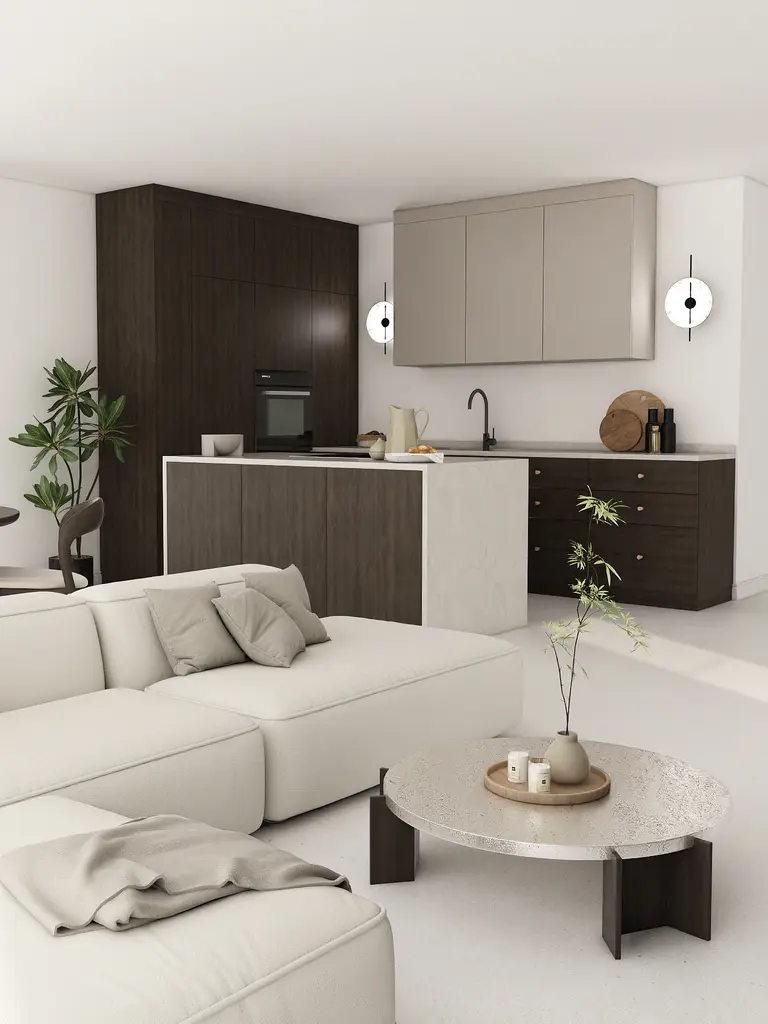 Minimalistyczna kuchnia w stylu japandi z drewnianymi meblami i jasnymi detalami.