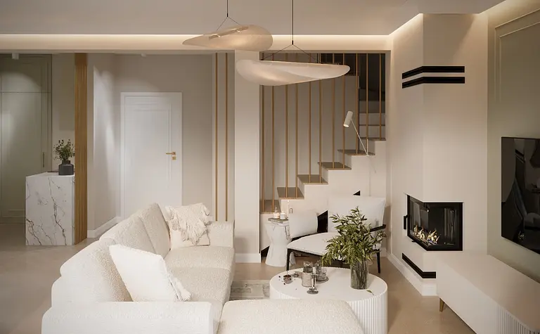 Wnętrze salonu w stylu boho, eklektycznym i glamour z białą sofą.