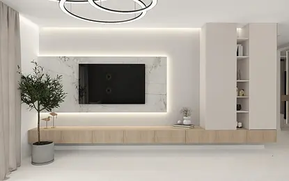 Wnętrze salonu z nowoczesnym telewizorem i drewnianą szafką, oświetleniem LED.