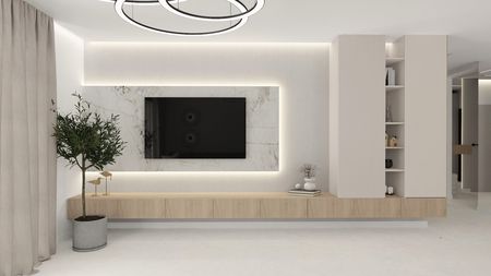 Wnętrze salonu z nowoczesnym telewizorem i drewnianą szafką, oświetleniem LED.